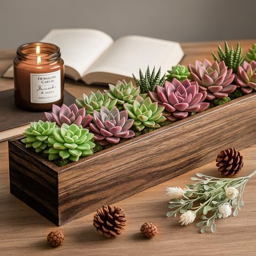 Dandat 12 Set Wood Rectangle Boxes 16x4 Inch Rustic Planter with Liner - Image 4