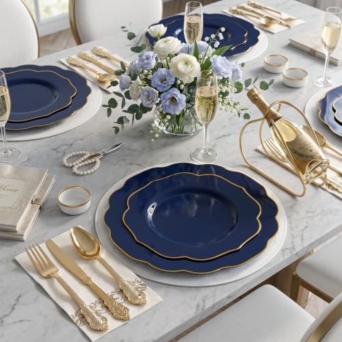 NOCCUR 175PCS Blue Plastic Plates with Disposable Silverware - Include 50 Blue Disposable Plates with Gold Rim,75 Gold Cutlery,25 Cups,25Napkins for Party/Wedding/Graduation/Independence Day - Image 3