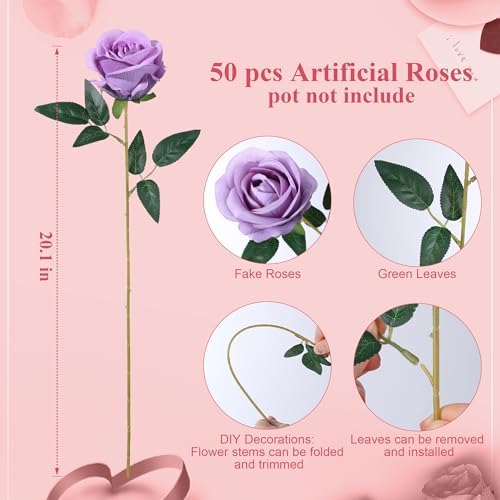 50 PCS Purple Roses Artificial Flowers, Fake Roses with Stem Realistic Silk Roses for DIY Wedding Bouquets Table Centerpieces Arrangements Baby Shower Birthday Home Decor Valentine's Day Gift for Her - Image 5