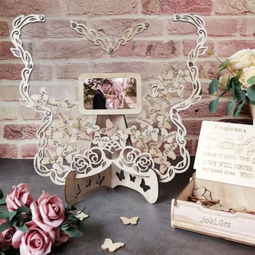 Wedding Guest Book Alternative, Wood Butterfly Baby Shower Guest Book Wedding Reception with 80pcs Wooden Butterflies and Drop Box, Rustic Wedding Sign Decor for Anniversary and Ceremony Party by JokLGrs