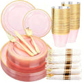 WELLIFE 210Pcs Clear-Pink Plastic Dinnerware- Pink and Gold Plastic Dinnerware include 30 Dinner Plates, 30 Dessert Plates, 90 Gold Silverware, 30 Cups and 30 Napkins Perfect for Parties by WELLIFE