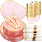 WELLIFE 350Pcs Clear-Pink Plastic Dinnerware- Pink and Gold Plastic Dinnerware include 50 Dinner Plates, 50 Dessert Plates, 150 Gold Silverware, 50 Cups and 50 Napkins Perfect for Parties by WELLIFE