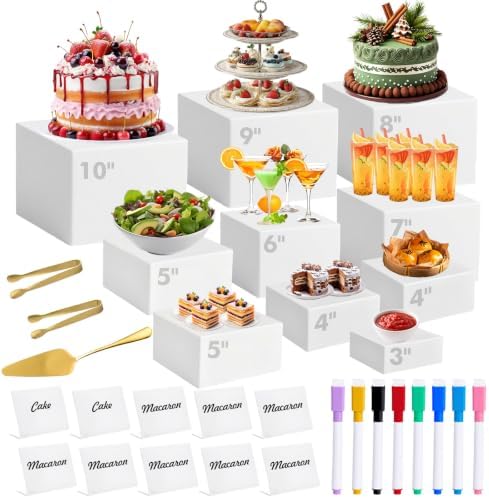 10 Pcs Buffet Risers with Mini Sign and Maker Serving Tongs Cake Cutter, White Acrylic Food Display Stands for Buffet Table Party Catering Dessert Nesting Cube Boxes with Hollow Bottoms (10",9",8",7",6",5",5",4",4",3") by Unknown