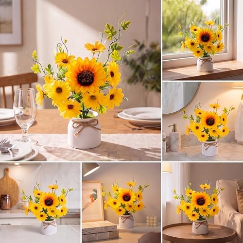 Zeyune Artificial Sunflower Potted Plants Rustic Wedding Table Centerpieces Summer Spring Kitchen Silk Yellow Flower with Plastic Pot for Home Bathroom Office Bridal Shower(12 Pcs,White,Daisy) - Image 4