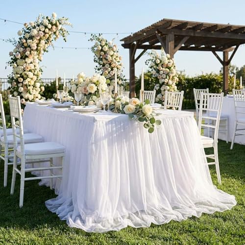 QueenDream 108in White Tutu Table Skirt Rectangle Tables or Round Tables Bridal Shower Tulle Tablecloth for Baby Shower Girls Parties Cake Dessert Table Decorations Ruffle Table Skirting - Image 2