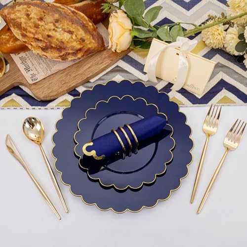 LIYH 210pcs Navy Blue & Gold Scalloped Plastic Plates, Premium Dinnerware - Image 3