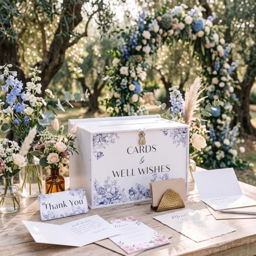 BreezeHug 14" Blue Chinoiserie Wedding Card Box with Lock & Sign - Image 6