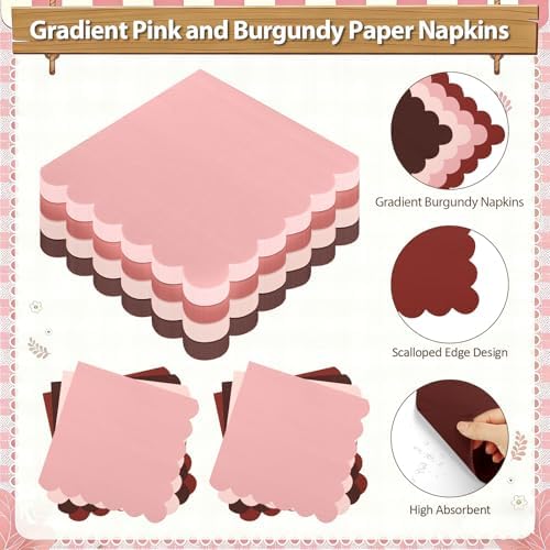 Pink and Burgundy Plates and Napkins Party Supplies, 9’’ Gradient Maroon Disposable Paper Plates and Cups and Napkins Set for Baby Shower, Birthday, Wedding Party Decorations Serves 48 - Image 4