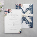 20Pcs Personalized Wedding Invitation, Customized Navy Blue Laser Cut Invitation Cards With Envelopes Rhinestone Pearls and Ribbons For Wedding XV Anos Quinceanera Invitation by FEIYI