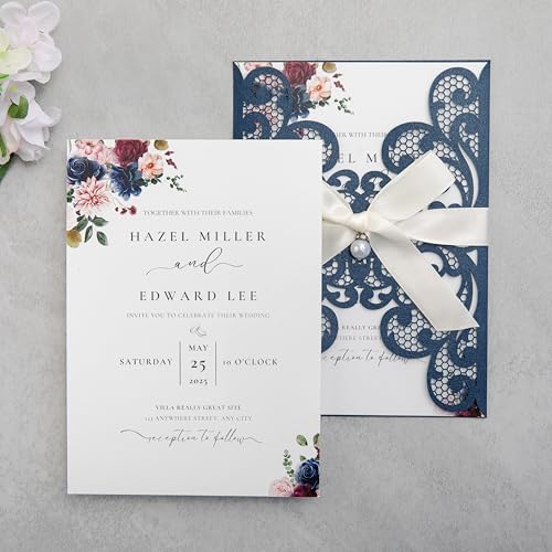20Pcs Personalized Wedding Invitation, Customized Navy Blue Laser Cut Invitation Cards With Envelopes Rhinestone Pearls and Ribbons For Wedding XV Anos Quinceanera Invitation by FEIYI