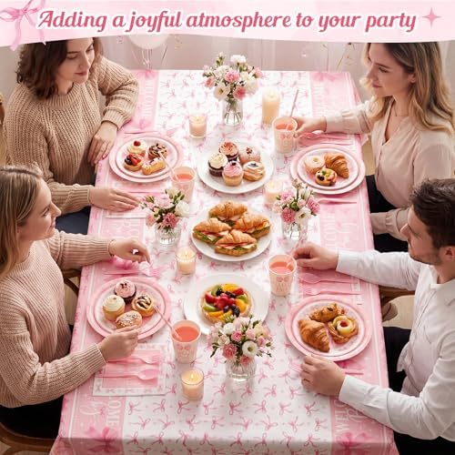 Ceenna 452 Pcs 50 Guests Pink Bow Baby Shower Decoration Girl, Pink Bow Welcome Baby Shower Plate Napkin Cup Tablecloth Cutlery Straw It's a Girl Disposable Tableware for Gender Reveal Party Supply - Image 4
