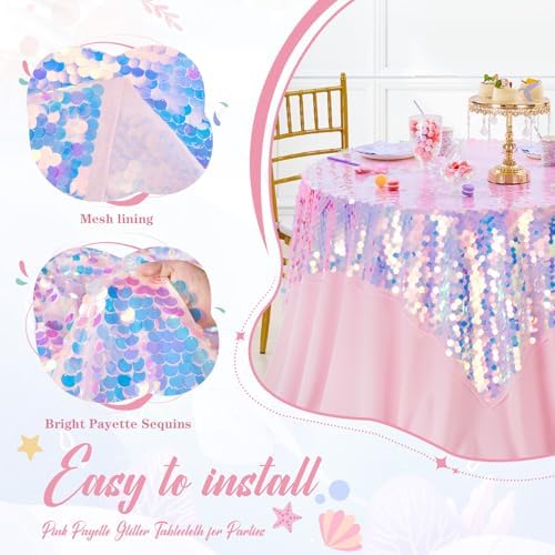 QueenDream Pink Sequin Tablecloth Mermaid Party: Big Payette Glitter Iridescent Fabric - 51x106 Inch Rectangle for Girls Birthday Cake Table Decorations - Image 5