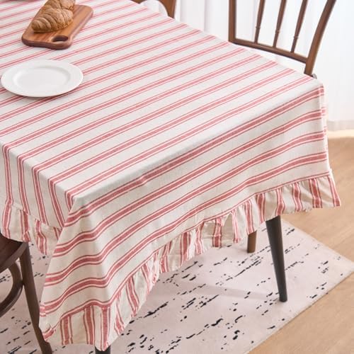 vctops Farmhouse Red Stripe Ruffle Table Cloth, Boho Cotton Linen Tablecloth, Washable Table Cover for Rectangle Table Baby Shower Kitchen Party Wedding Decor (Red A,70"x102") - Image 5