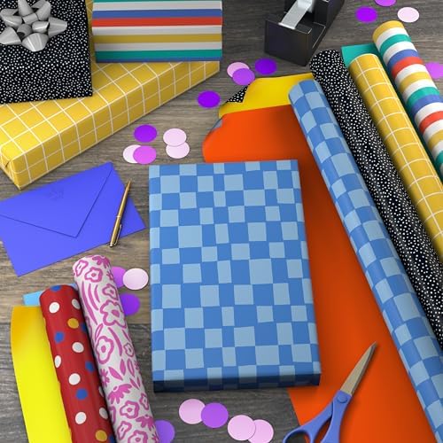 Hallmark Reversible Wrapping Paper Rolls - Checkered, Solids, Stripes, Polka Dots, Flowers, Gift Wrap Paper (Set of 6 Rolls: 150 sq. ft. ttl.) for Birthday, Christmas, Baby Shower, Graduation, All Occasion - Image 2