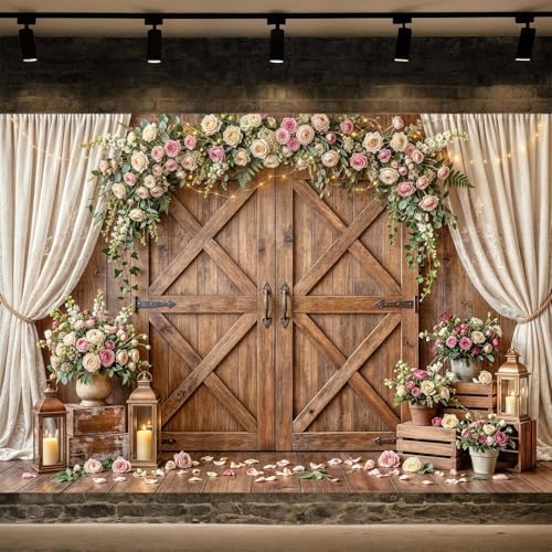 10x10ft Wedding Backdrop Rustic Floral Flower Wooden Wall Backdrop Bridal Baby Shower Ceremony Photography Background Shabby Chic Countryside Western Anniversary Wedding Party Birthday Photo Prop - Image 2