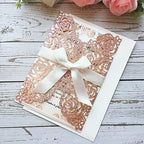 20PCS 5.12 x 7.28'' Laser Cut Wedding Invitations Cards with Envelopes Hollow Rose Pocket with Bowknot Invitation for Bridal Shower Wedding Invite (Rose Gold Glitter) - Image 4