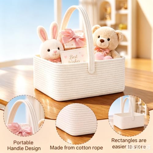 Large Woven Basket for Gifts Empty, Storage Basket 15" x 11" x 6.5" with Glitter Tulle, Ribbon and Card Paper, One-Handle Design, DIY Time for Holiday Gifts, Baby & Pet Toys, Graduation - White - Image 4