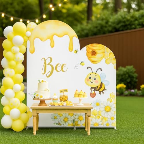 Pcs Bee Theme Arch Backdrop Covers, Honeycomb and Cute Bumblebee Spandex Fabric Backdrops for Baby Shower, Gender Reveal, Kids Birthday Party Decorations (Set of 7.2ft,6.6ft) - Image 3