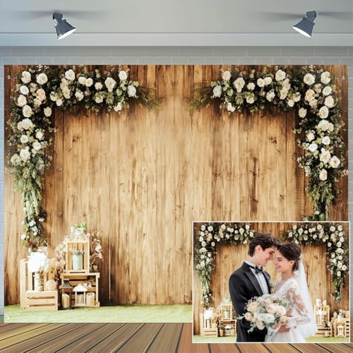 12x10ft Wedding Wood Wall Rustic Floral Backdrop Reception Ceremony Photography Backdrop Wedding Party Bride Shower Banner Props Photography Studio Props Decor by Unknown