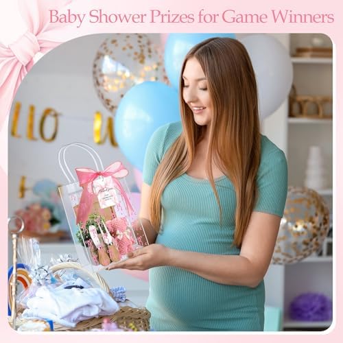 Honeydak 49 Pcs Baby Shower Prizes for Game Players 6 Set Cheese Board Fork Knives Coaster Towel Artificial Potted Plant Thanks Card Gift Bag for Baby Bridal Shower Wedding Favors(Pink Bow) - Image 5