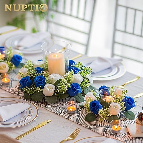 NUPTIO Flower Candle Rings for Centerpieces: 13.4 Inch Rose Wreath for Wedding Party Christmas - Royal Blue & White Wreaths for Spring Summer Front Door Porch Table Decor 2 Pcs - Image 2