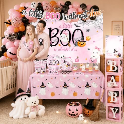 A Little Boo Is Almost Due Baby Shower Decorations - Pink Halloween Baby Shower Decorations for Girl Includes Plates,Napkins,Banner,Balloon Arch for Halloween Birthday Party - Image 2