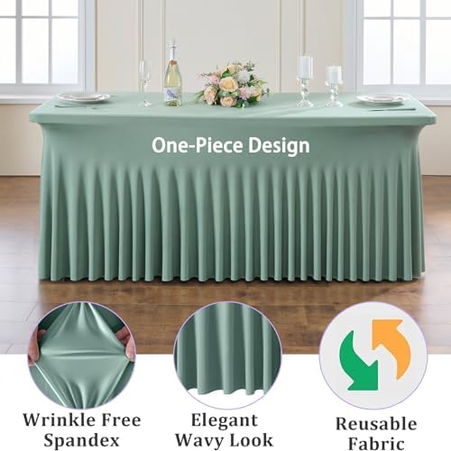 6 Pack Sage Green Spandex Table Clothes for 8 Foot Rectangle Tables, Wrinkle Free Fitted Table Cover 8ft Stretch Tablecloths Desk Skirt for Parties Weddings Birthday Banquet Baby Shower - Image 2
