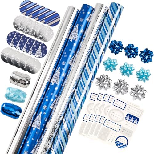 WRAPAHOLIC Blue Christmas Wrapping Paper Set - Blue and Silver Metallic Foil Shine Christmas Wrapping Paper Bundle with Gift Bow & Ribbon & Tag & Sticker by WRAPAHOLIC