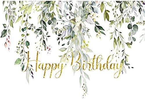 Leowefowa 8x6ft Green Gold Eucalyptus Leaves Photography Background Happy Birthday Backdrop for Baby Shower Gender Reveal Photo Party Decorations Banner Photo Booth Studio Shoot Props - Image 3