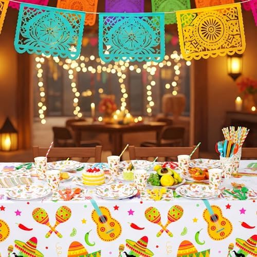 Ceenna 452 Pcs Mexican Party Decoration Supplies for 50 Guest, Mexican Plates Napkins Cups Tablecloth Cutlery Straw Fiesta Disposable Tableware for Cinco De Mayo Taco Birthday Wedding Party Decoration - Image 4