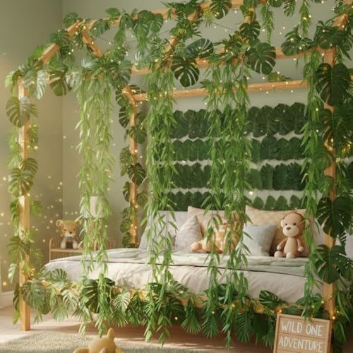 XunYee 110 Pcs Total 295 ft Jungle Theme Party Decoration, Tropical and Monstera Palm Leaves, Fake Wicker Rattan Vines, Fake Greenery Faux Leaves for Baby Shower Safari Party Decoration Set - Image 7