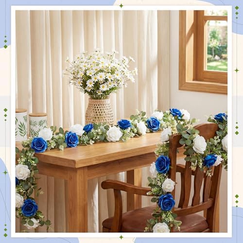 Riceshoot 6 Pcs 26 ft Artificial Eucalyptus Vines Garland with Flowers Faux Floral Greenery Garlands Rose Wreath for Wedding Party Arch Table Decor Backdrop Decorations (Blue and White) - Image 6