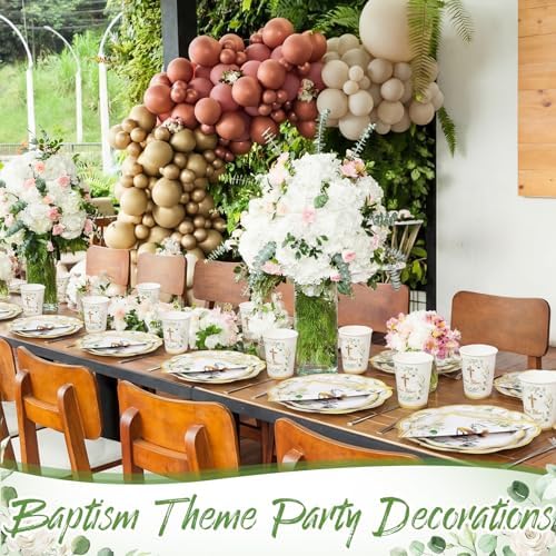 Ziliny 250 Pcs God Bless Baptism Party Tableware Set for 50 Guest First Holy Communion Decorations Sage Green Eucalyptus Leaves Paper Plates Napkins and Cups for Christening Baby Shower Religious - Image 5
