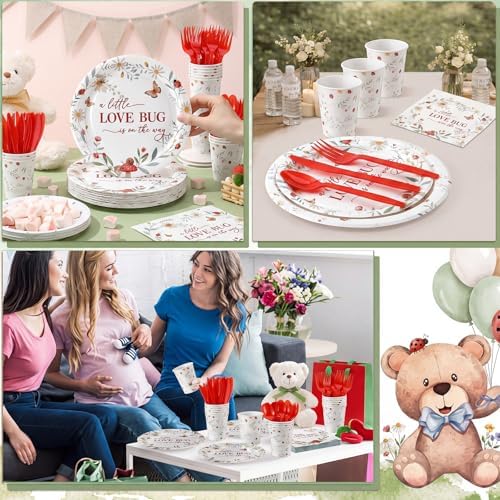 LemonRoad 175 Pcs Little Love Ladybird Party Supplies, Garden Floral Disposable Tableware Set for 25 Guests, 9" Plates, 7" Dessert Plates, Cups, Napkins and Red Cutlery for Baby Shower Birthday - Image 6