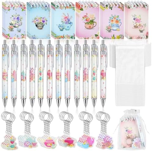 24 Pack Tea Party Favors for Guests Adults, Floral Notebook and Pen Set with Keychain & Gift Bag, Mini Tea Party Supplies for Bridal Shower Garden Party Birthday Wedding Office Gift, 6 Designs by Elasign