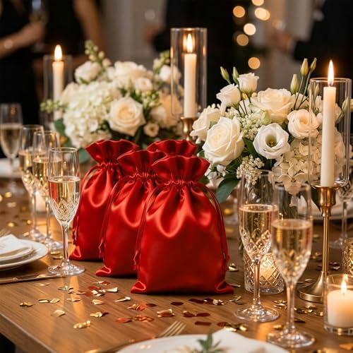50 Pack 6" x 9" Red Satin Gift Bags with Drawstring, Jewelry Pouches, Wedding Favor Bags for Baby Shower Birthday Party Small Business - Image 3
