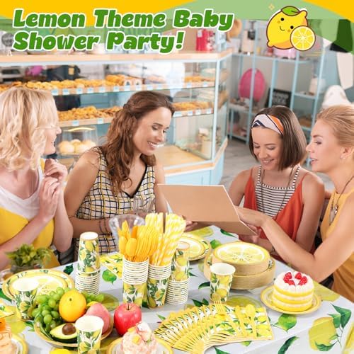Funnymoom 452 Pcs Lemon Party Decorations, Yellow Lemons Paper Plates Napkins Cups Tablecloth Cutlery Straws for Summer Fruit Theme Birthday Wedding Baby Shower Party Supplies, Serves 50 - Image 4