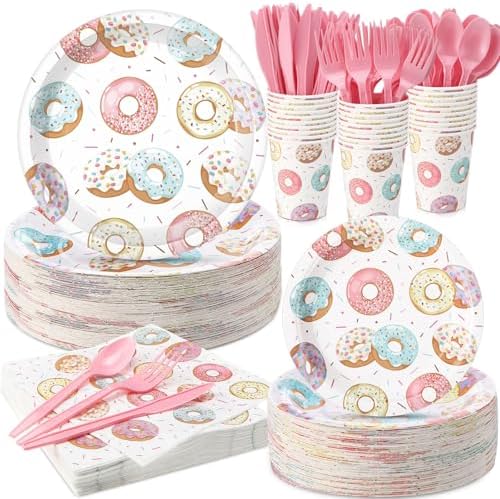 Ziliny 350 Pcs Donut Grow up Party Supplies Tableware Set Disposable 9'' 7'' Paper Plates 9 oz Cups Cutlery Napkins Dinnerware Set for 1st Birthday, Serve 50 (Donut Grow Up, Macron Color) by Ziliny