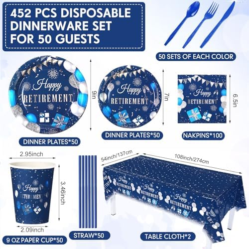 Funnymoom 452 Pcs Blue Silver Retirement Party Supplies Decorations for 50 - Image 3