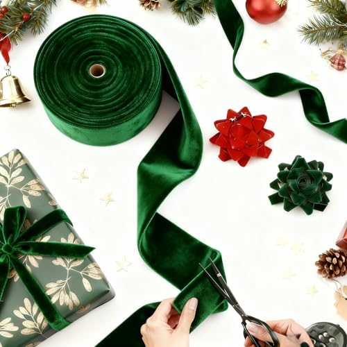 Meseey 4 Inch 50 Yards Dark Green Velvet Wired Ribbon - Premium Soft Velvet Ribbon with Wire Edges for Christmas Tree Decor, Thanksgiving, Wedding, Rustic Decor, Gift Wrapping, DIY Crafts - Image 2