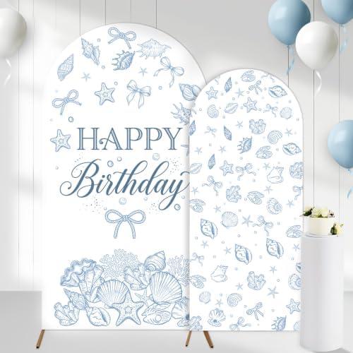 Serencatcher 7.2ft 6ft Blue Bow Seashell Birthday Arch Backdrop Covers 2pcs by Serencatcher
