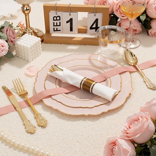 Liacere 350PCS Pink Plates Disposable-PinK Plates 50guest Baroque Plastic Dinnerware include 100Plates, 50Pack Pre Rolled Napkins with Silverware 50Cups Perfect for Wedding & Party & Baby shower - Image 6