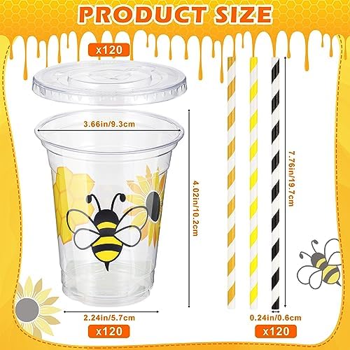 Sliner 120 Pcs Honey Bee Party Decoration Cups, 12 oz Clear Disposable Drinking Honey Cup, First Bee Day Plastic Cups Bulk with Paper Straws, Lids for Home, Kitchen, Baby Shower Summer Birthday - Image 2
