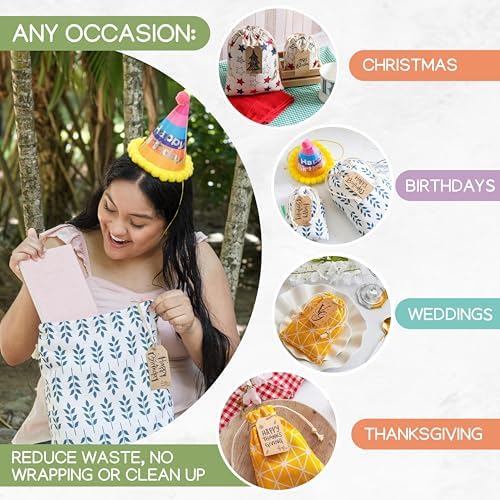 12 PCS Reusable gift bags with drawstring + 15 gift tags | Fabric gift bags in 3 Sizes | Gift wrapping alternative, storage bags, travel & party favor bags. 1st Ed. - Image 6