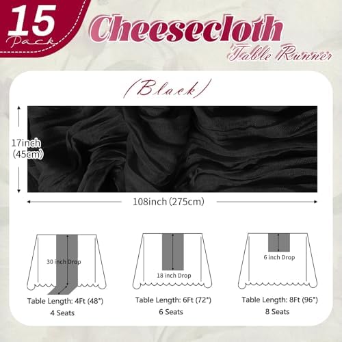 15 Pack Black Cheesecloth Table Runner 17 x 108 inch Cheese Cloth Table Runners 9ft Black Table Runner Rustic Romantic Sheer Gauze Runner for Wedding Party Baby Shower Table Decoration - Image 2