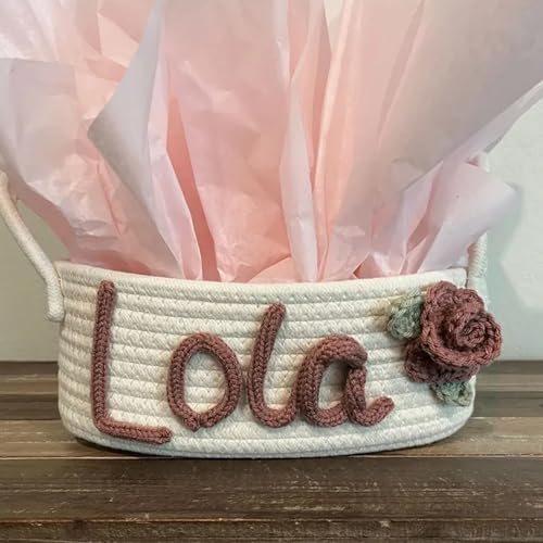 Personalized Cute Small Woven Basket with Handles, Custom Cotton Rope Room Shelf Storage Basket, Empty Decorative Gift Basket, Decorative Round Bin for Nursery Bedroom Bathroom (Style B) - Image 3