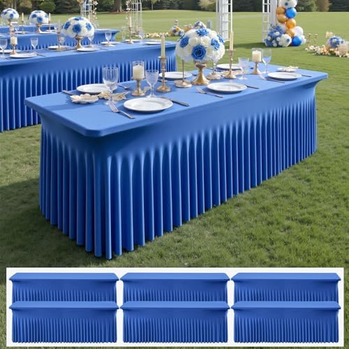 6 pk Royal Blue Spandex Tablecloths 8ft with Ruffle Table Skirt, Wrinkle Free Stretchy Fitted Tablecloth for 8 Foot Rectangle Tables, Elastic Spandex Table Covers 8ft for Party Wedding Banquet by ENJOYYOURPARTY
