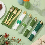 Lasnten 50 Pcs Pre-rolled Gold Cutlery Set with Napkins Green - Image 4