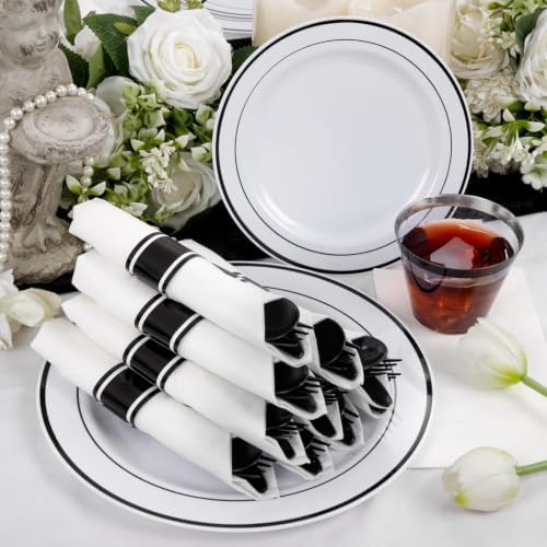 WELLIFE 210Pcs Black Plastic Dinnerware with Pre Rolled Napkins, Include:30 Dinner Plates, 30 Dessert Plates, 30 Paper Napkins, 30 Cups, 90 Plastic Cutlery - Image 3