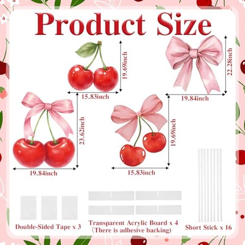 4 Pcs Cherry on Top Baby Shower Decorations, Large Pink Bow Cardboard Cutouts, Sweet Cherry Birthday Decorations Standups for Photo Booth Props & Birthday Party Decor - Image 3